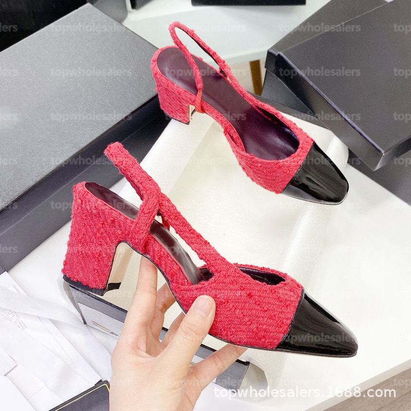 Spot High-Quality New Genuine Leather Small Fragrant Shoes, Color-Blocked High Heels, Thick Heels, Baotou Small Fragrant Sandals for Women, Flats Soles