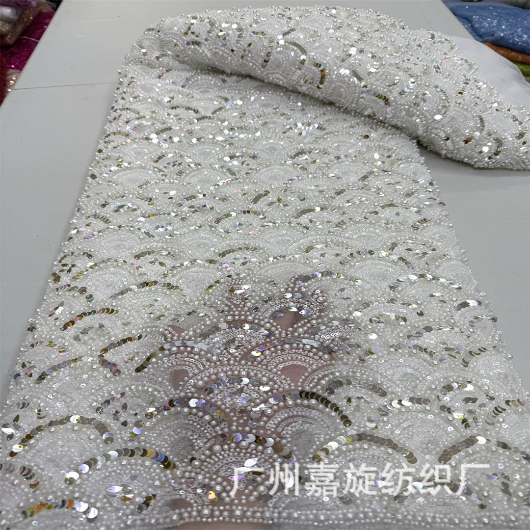 Nueva industria pesada África escamas de pescado cristal tubo de cuentas bordado vestido de novia tela beaded wedding lace