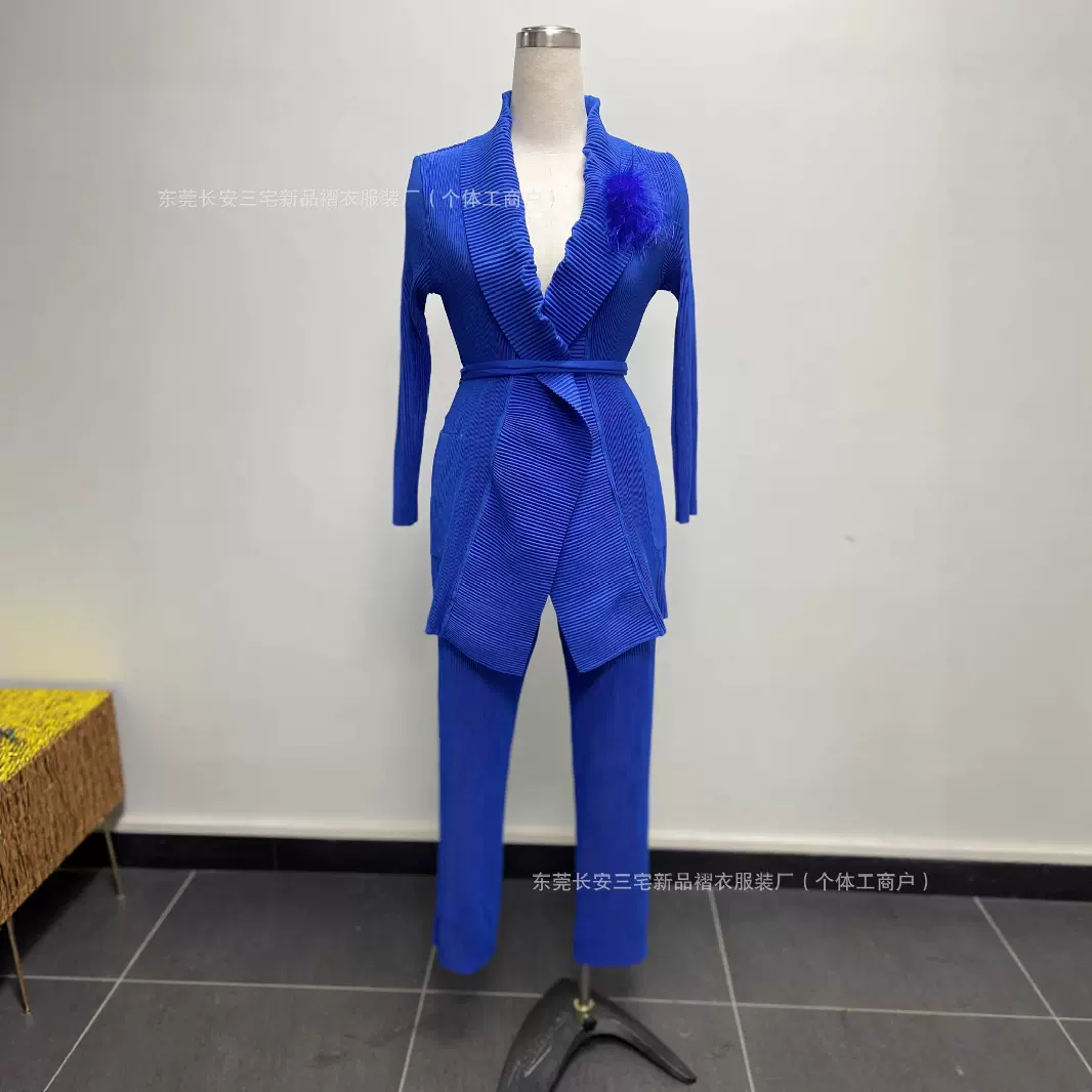 Miyakesuit跨境长袖大码西装翻领系带上衣外套长裤三宅褶皱两件套