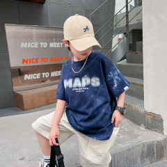 潮牌水洗做舊男童純棉短袖T恤夏裝2024年新款兒童衣服中大童半袖
