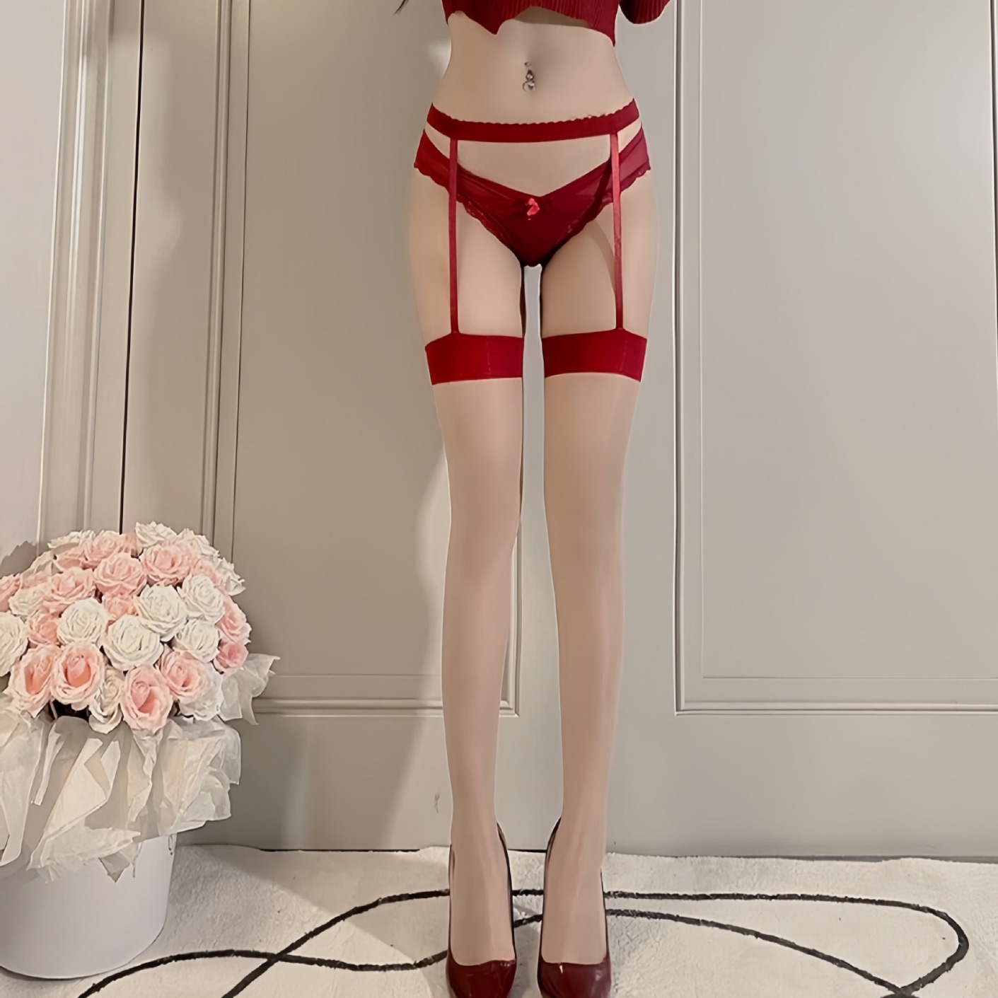 Sexy Strap One-piece Socks Pure Desire Red Edge Black Silk Meat Silk Contrast Color Halter Socks Long-leg Socks Over-knee Socks Red Edge