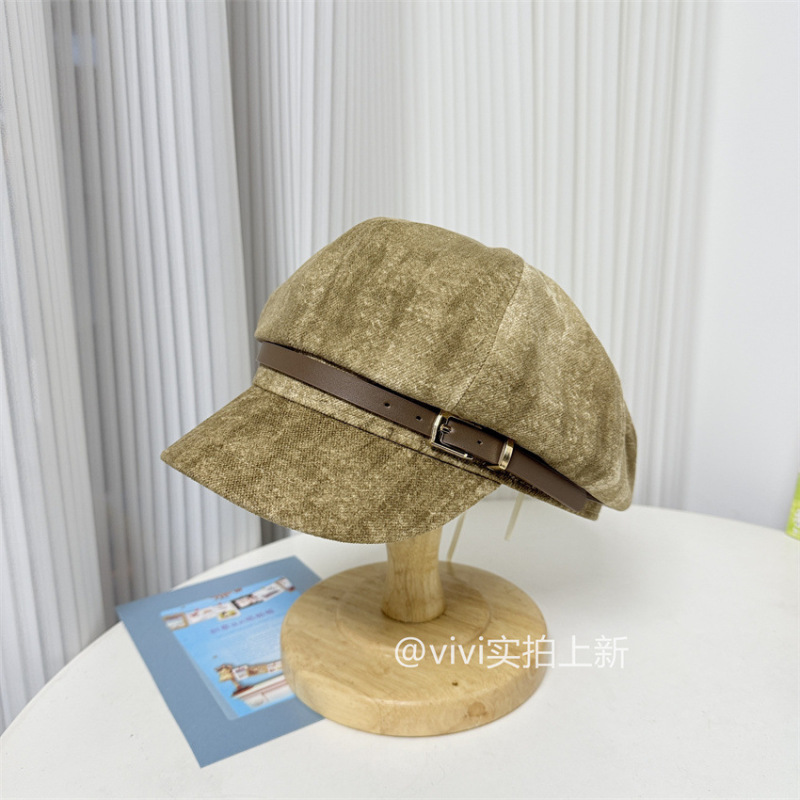 美拉德风韩版文艺扎染皮扣八角帽子女秋冬季复古百搭显脸小报童帽|undefined