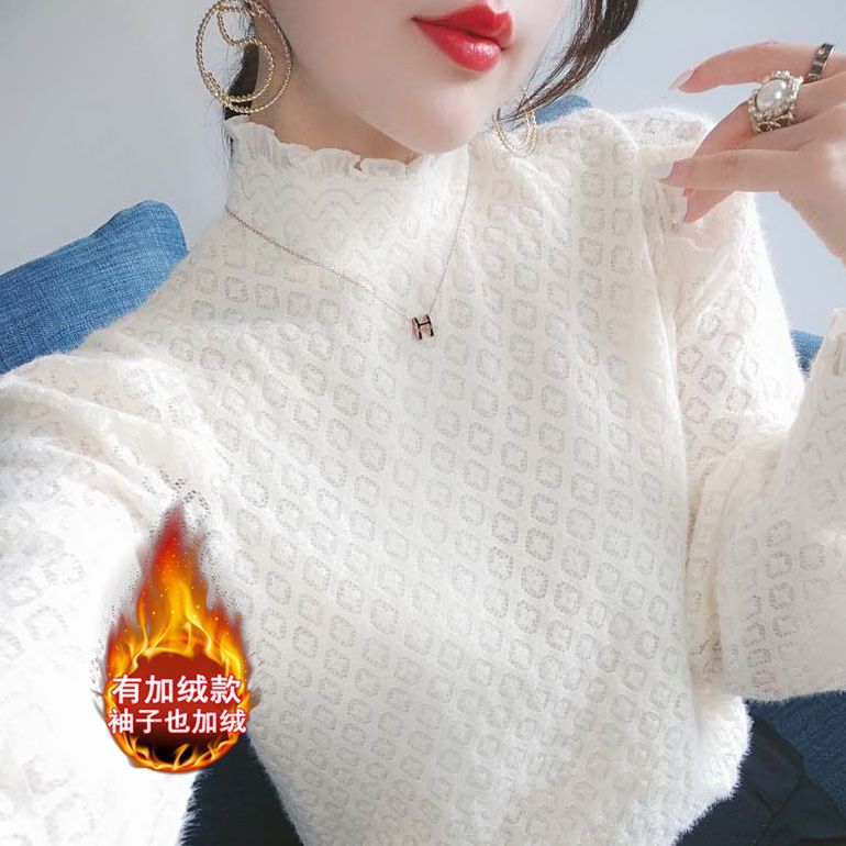 加绒高领蕾丝打底衫女装秋冬新款洋气修身内搭百搭长袖上衣服