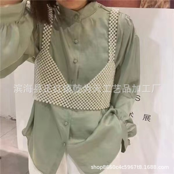 Bra Stretch Bra Strap Hanging Neck Vest Belly Beaded Crocheted Underwear Shirt New Pearl Strap