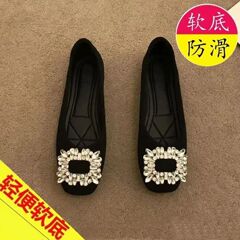 方头平底女单鞋透气软底防滑网红水钻方扣浅口瓢鞋豆豆鞋女鞋