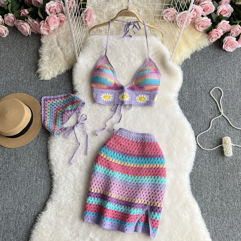 Seaside Vacation Beach Suit Hot Girl Halter Spaghetti Straps Vest Multicolor Cutout Knitted Skirt
