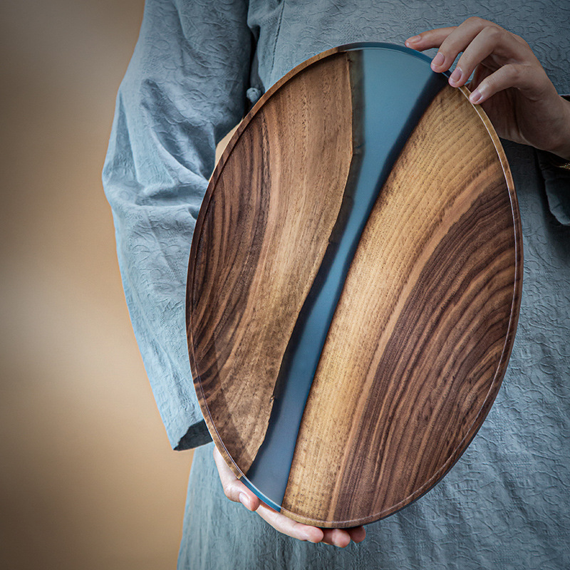 Bandeja de placa de resina de nogal nórdico bandeja de madera maciza de resina epoxi anti-escaldado disco de fruta seca mesa de té placa de madera