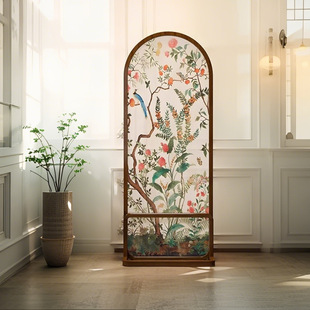 French-Style Vintage Floral and Bird Screen Partition for Living Room Entrance, Entryway, Foyer, Bedroom, Movable Room, Solid Wood