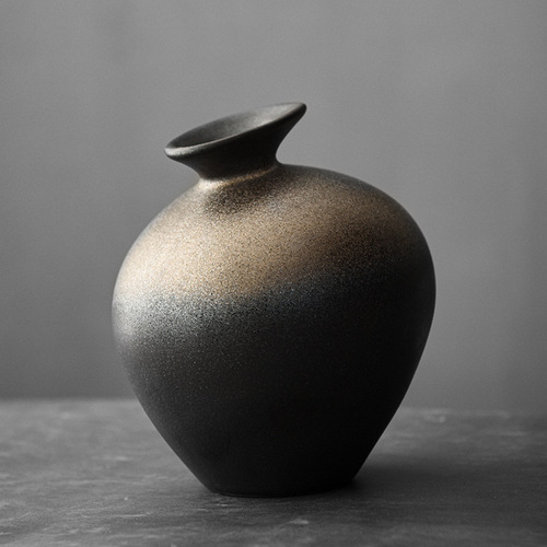 Japanese style coarse pottery black pottery vase imitation stone abstract golden glaze flower vessel ceramic Zen table decoration home retro
