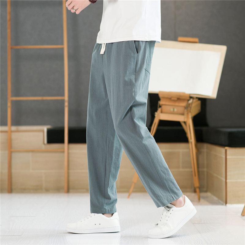New Chinese Style Cotton and Linen Pants Men's Summer Thin Loose Wide Leg Pants Cotton and Linen Harlan Casual Pants Simple Ankle-length Pants for Men