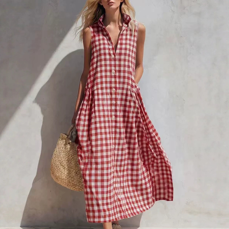 2026 European and American Cross-Border Amazon Independent Site Summer New Dress Loose and Comfortable Sleeveless Plaid Women's Clothing 2026 European and American Cross-Border Amazon Independent Site Summer New Dress Loose and Comfortable Sleeveless Plaid Women's Clothing
