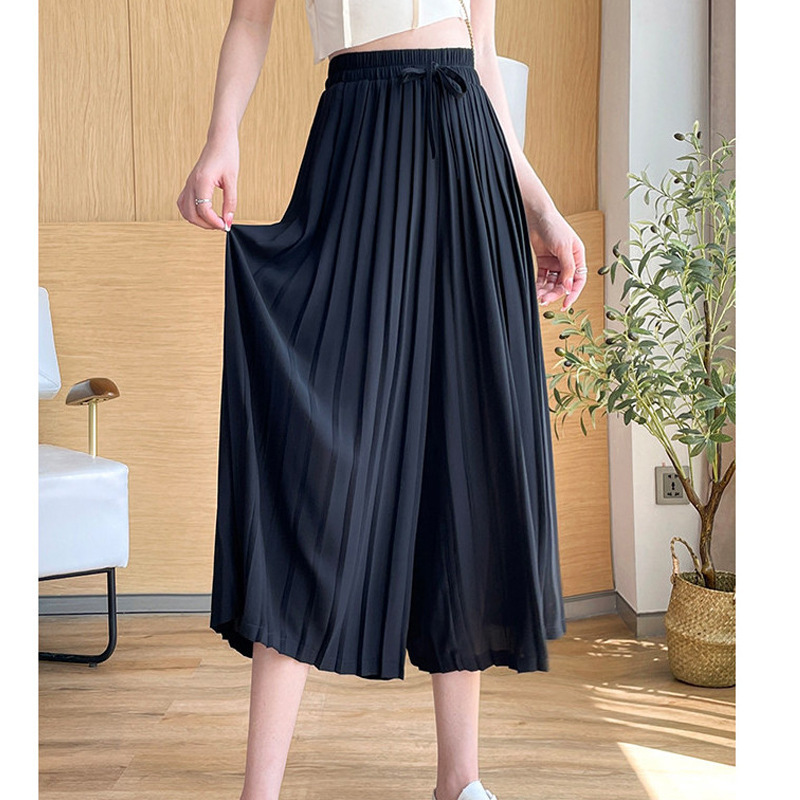 Women's High Waist Cropped Pants Summer Loose Slimming Thin Draped Black Pleated Chiffon Ice Silk Wide Leg Pants