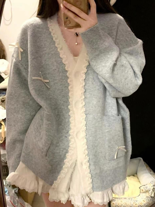 法式宽松温柔风v领蓝色毛衣开衫外套女秋季蝴蝶结蕾丝边针织上衣|undefined