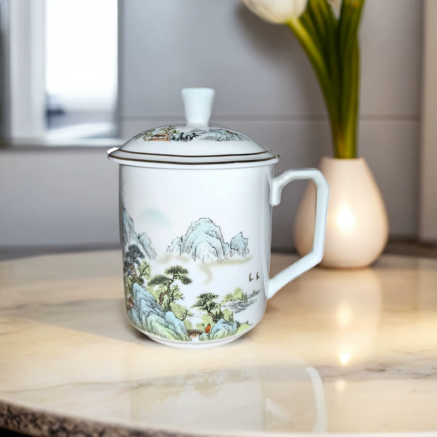 Чайная чашка Jingdezhen, керамическая домашняя водяная чашка с крышкой, китайская белая фарфоровая офисная чашка, синяя и белая фарфоровая чашка, чашка для конференций, чайная чашка