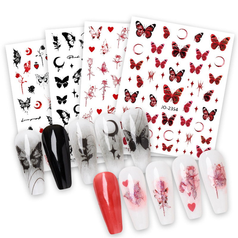 Pegatinas de uñas transfronterizas traje oscuro Pegatinas de uñas de mariposa ins pegatinas de uñas de primavera y verano 12 piezas un conjunto