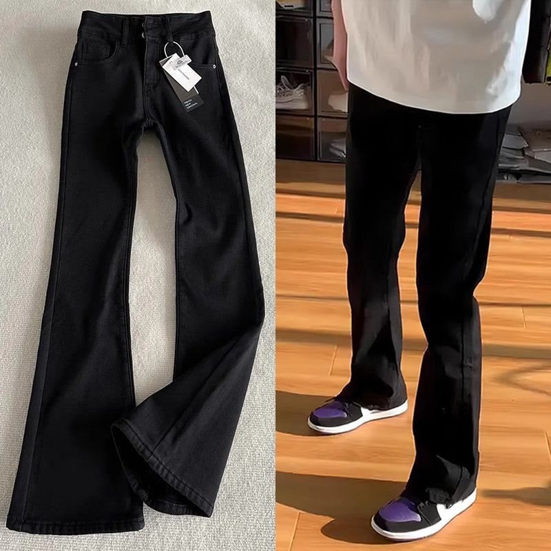 Black Willow Leaf Curved Knife Jeans for Men, New Autumn/Winter Style, Cleanfit American Slim Fit, Slightly Flared, Floor-Length Pants