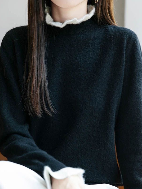 法式木耳花边领100%纯羊毛针织衫女2025秋冬新款拼色洋气保暖内搭|undefined
