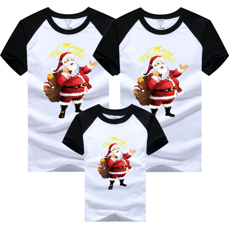 Camiseta de manga corta para padres e hijos 2024 Navidad Santa Claus ropa para niños estilo europeo y americano cuello redondo manga raglán color a juego