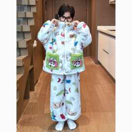儿童睡衣男童法兰绒家居服套装加绒加厚保暖珊瑚绒拉链居家服可爱