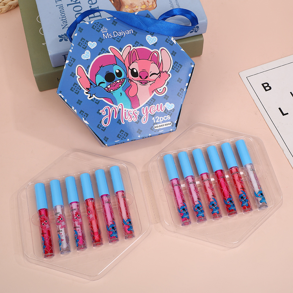 New Cross-Border Stitch Cartoon Handbag Set with 12 Lip Glosses, Moisturizing and Hydrating Lip Oil