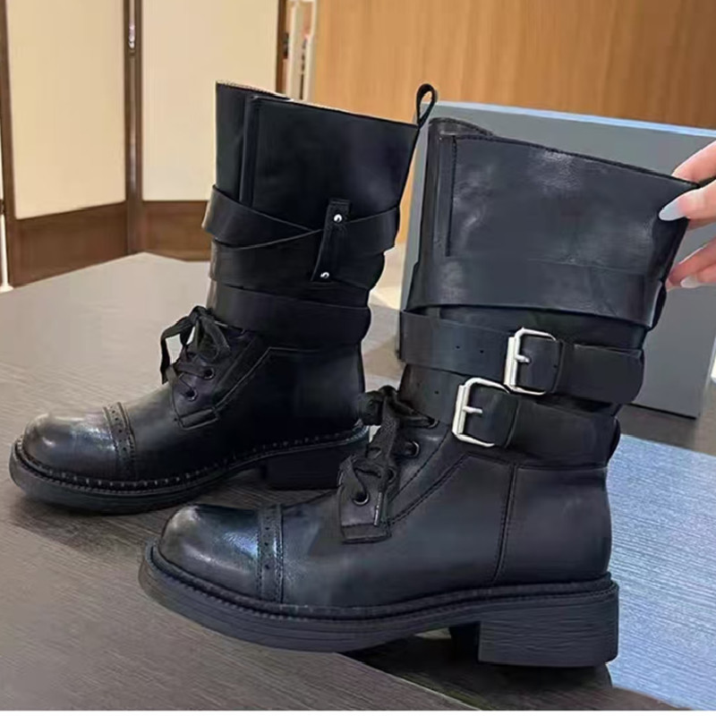 2025 Autumn New British Style Women's Martin Boots Retro Belt Buckle Versatile Motorcycle Boots Thick Sole Chunky Heel Short Boots Single Boots