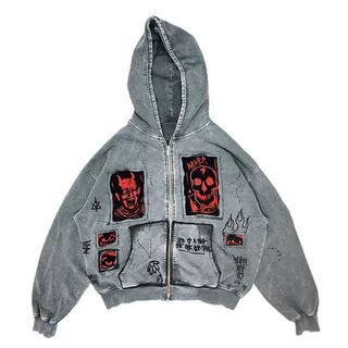 美式街头复古跨境Y2K男女同款恶魔水洗做旧重磅印花宽松带帽卫衣