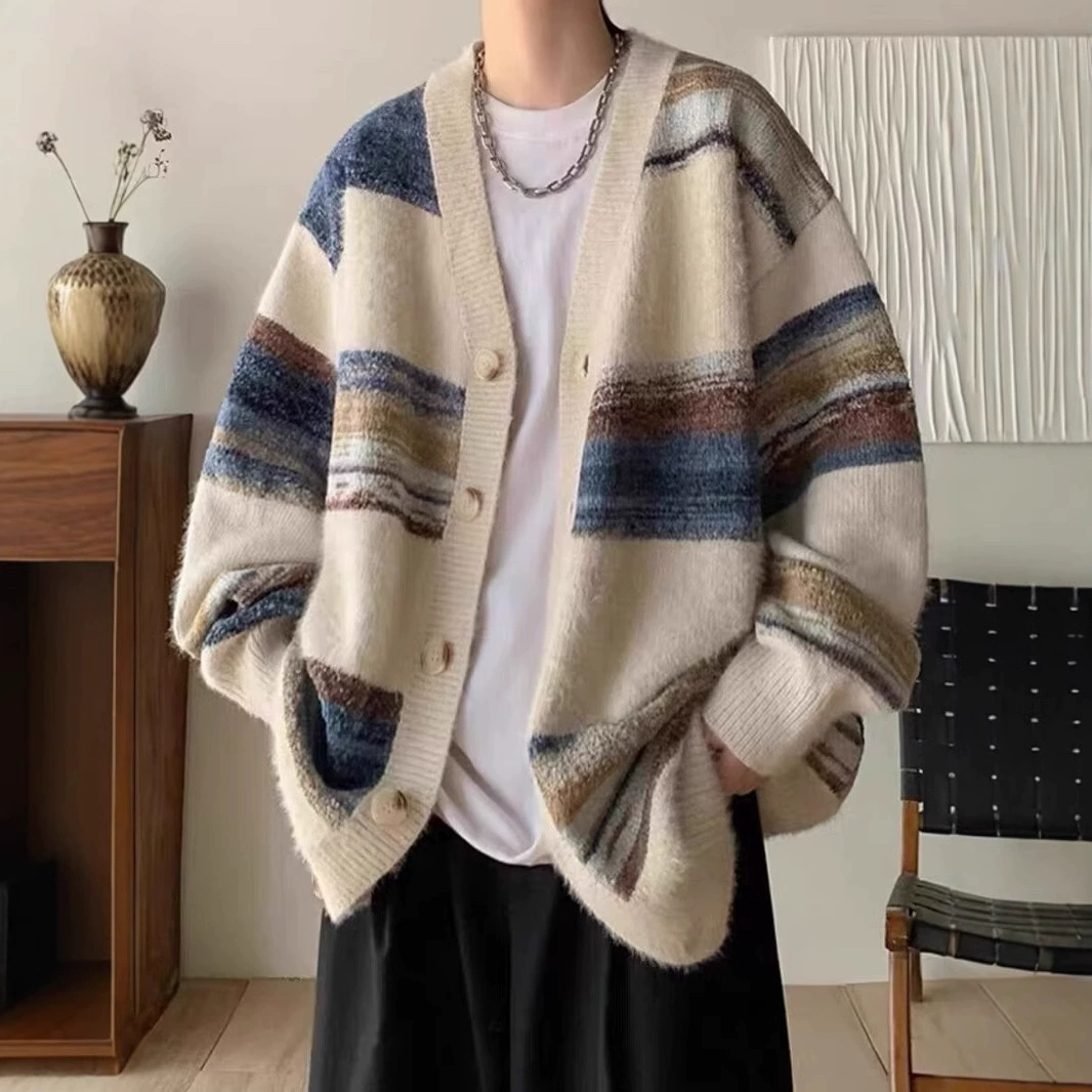 Конструкционный кардиган в полоску свитер мужской осенний и зимний новый стиль трикотажное пальто