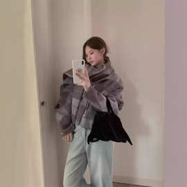 25秋冬新款韩国东大门羊驼毛格子大衣毛呢围巾外套女短款XG-519
