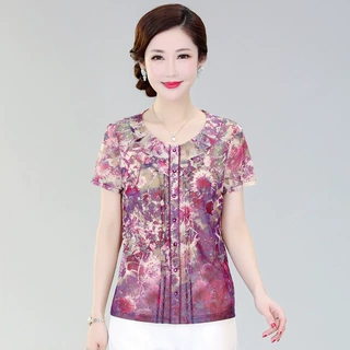 竹语声2024新款妈妈夏装上衣小衫中长款中年女装短袖套头OL通勤装