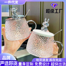 玻璃水杯带勺盖伴手礼杯子家用早餐小熊牛奶杯高颜值办公室锤纹杯