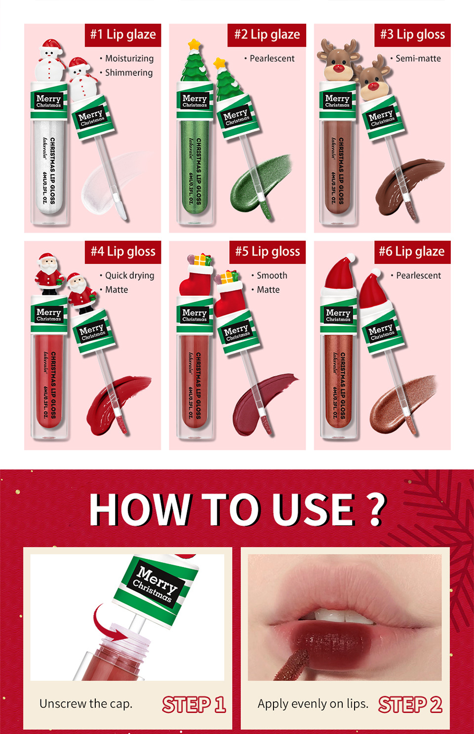 Lakerain Christmas Lip Gloss Set 6-piece Liquid Lipstick Lip gloss and Lip gloss set undefined