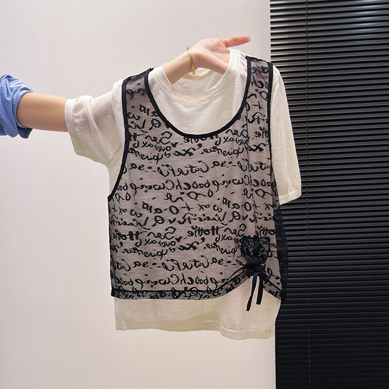 Fake Two-Piece Lace Splicing Short-Sleeve T-Shirt for Women, 2026 Summer New Style, Plus-Size, Slimming, Unique and Stylish Top