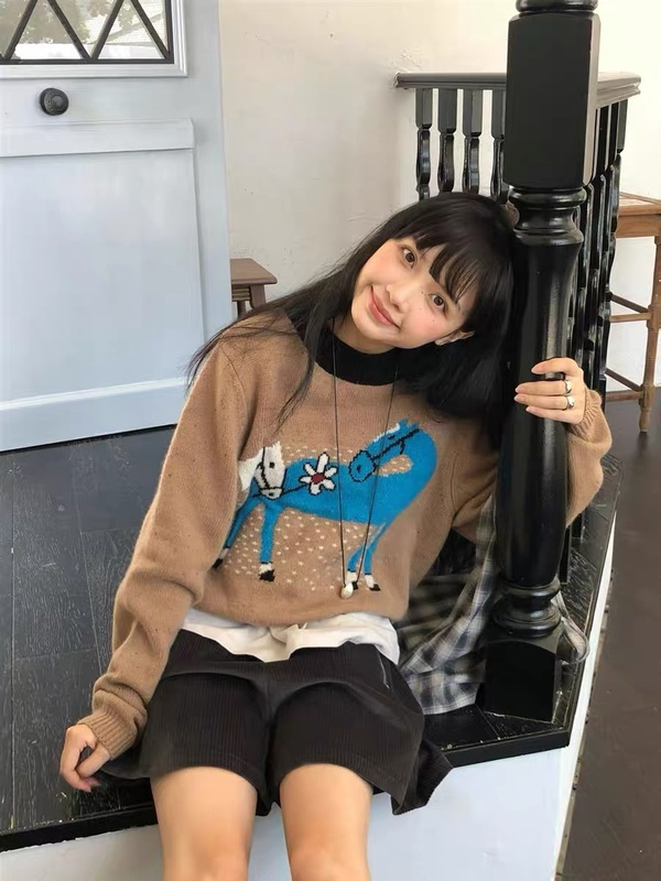 韩系卡通小马提花圆领套头毛衣女秋冬新款宽松时尚减龄针织衫上衣|undefined