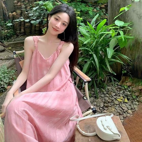 French Retro Elegant Halter dress Women's Summer Seaside Vacation Off-shoulder Pink Beautiful Small Dress