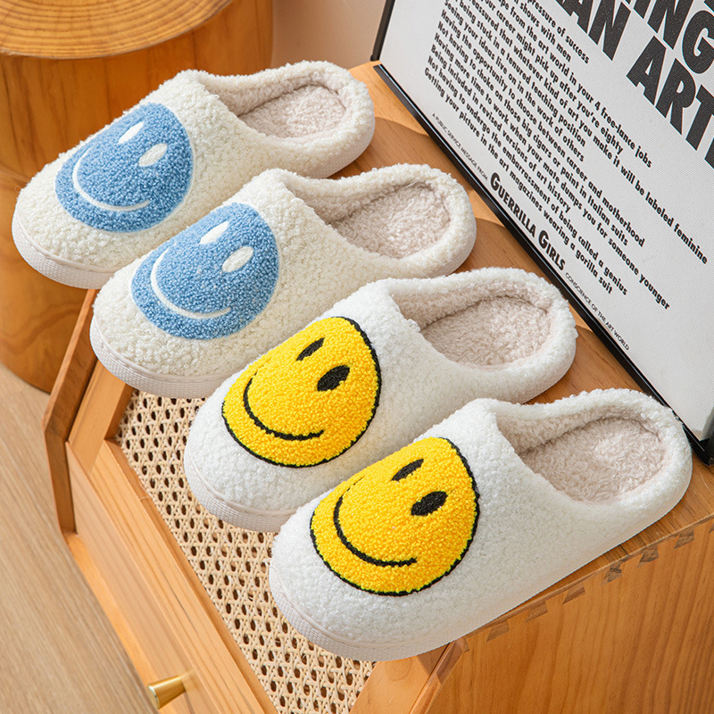 Autumn and Winter Couple Cotton Slippers Smiley Women's Indoor Home Warm fleece-lined Soft-soled Moon Shoes Non-slip Plush Men's