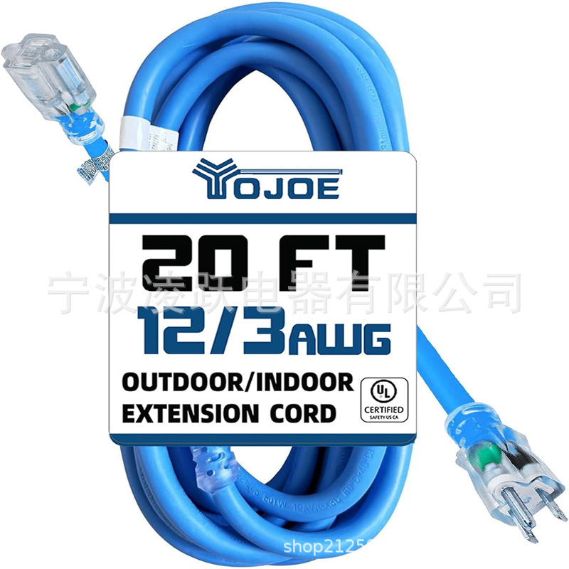 室内室外延长线带灯端3 爪15A 防风雨电源线,12 号重型蓝色延长线
