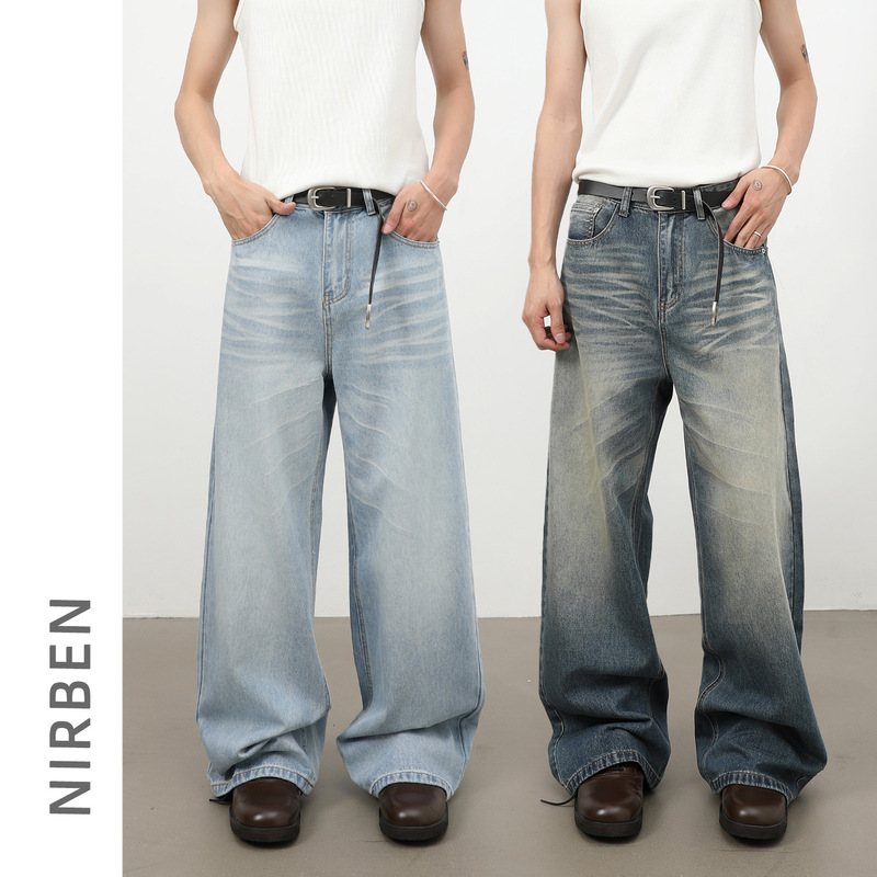 Nirben Denim | American Retro Whiskered Jeans for Men, Straight Fit, Versatile, Loose Wide-Leg Pants, Trendy.