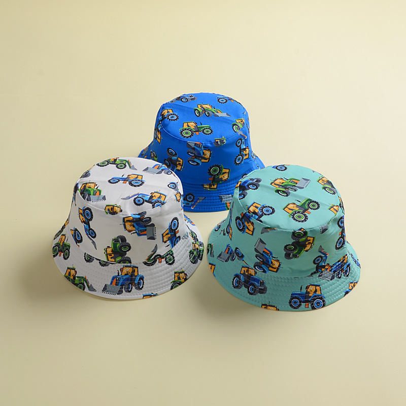 Cartoon engineering vehicle bulldozer pattern cross-border European and American cute children fisherman hat outdoor leisure sun protection sun hat