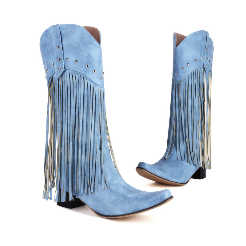 2023 tassel high boots women's autumn and winter pointed toe chunky heel designer rivet V mouth western boots slimming long boots 2023 tassel high boots women's autumn and winter pointed toe chunky heel designer rivet V mouth western boots slimming long boots
