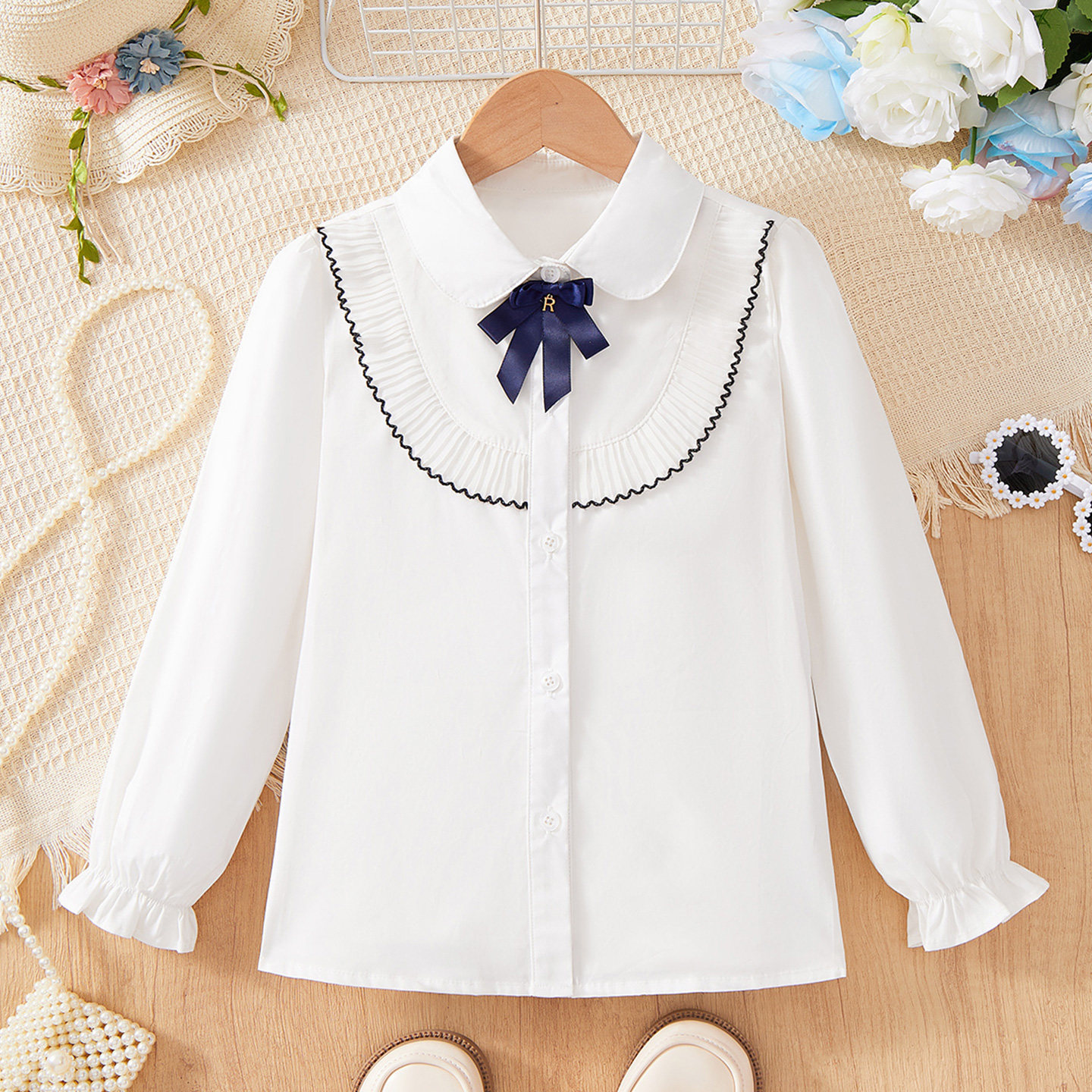 儿童衬衫2026春秋新品女童韩版甜美学院风蝴蝶结翻领宝宝校服衬衣