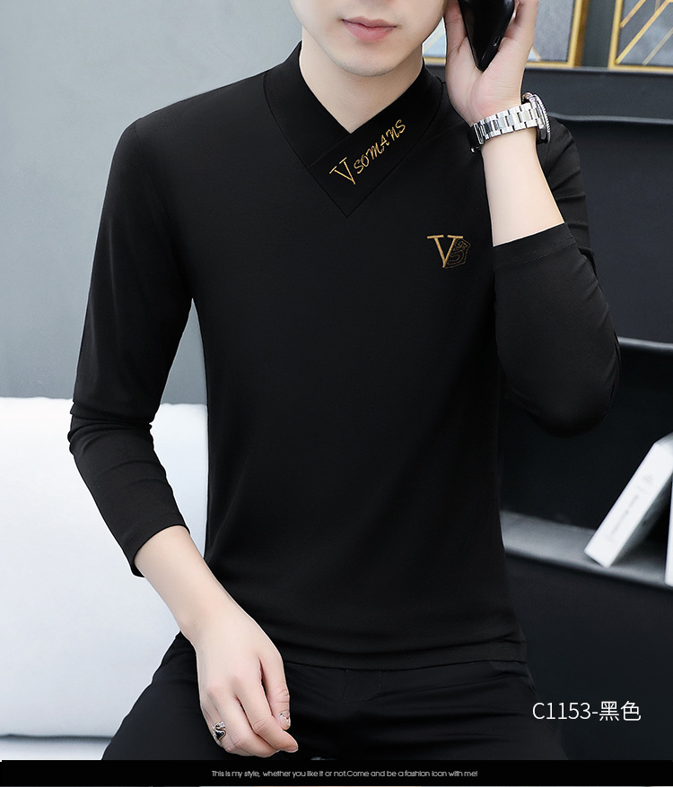 2022秋季V领新款长袖男士T恤韩版男装打底衫休闲男式T恤上衣批发 pic 25