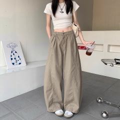 美式复古卡其色弯刀裤做旧牛仔裤女秋季显瘦百搭宽松阔腿裤长裤子