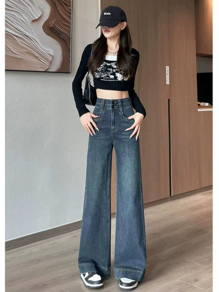 Quần jean nữ cạp cao ống đứng dáng rộng màu xanh denim, dày dặn — Denim Blue - Quần dài & Quần, Denim Blue - Quần jean crop top, Quần Croptop Đen, Quần Dài Màu Xanh Denim