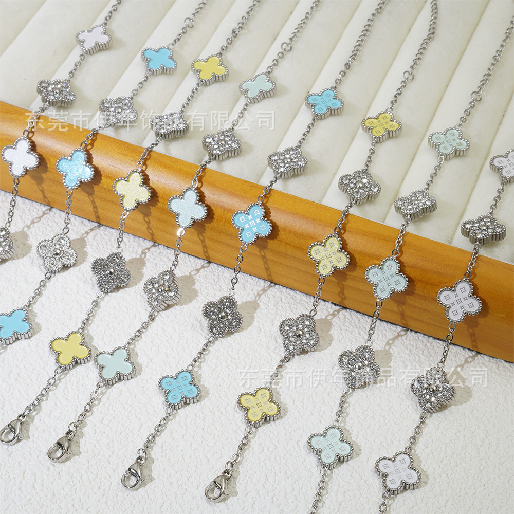 Light Luxury Style Spring and Summer New Popular Four-Leaf Clover White Shell Full Diamond Micro-Embedded Bracelet Exquisite High-End Light Luxury Bracelet for Women