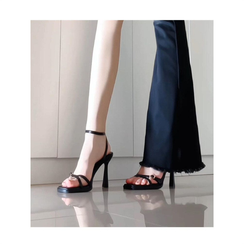 2025 New Stylish Summer Black Square-Toe Thin-Strap High-Heeled Sandals, Soft Leather, Comfortable and Versatile High Heels