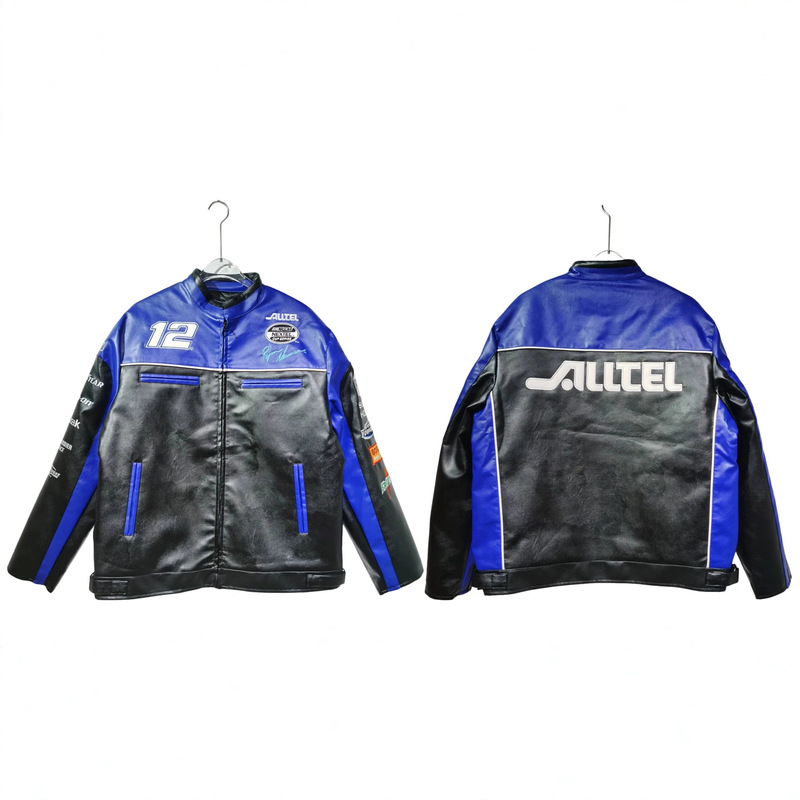 American Retro Nascar Racing Pu Leather Jacket, Blue and Black Color-Blocking, Multi-Label Embroidery, Motorcycle Style Trendy Brand Outerwear American Retro Nascar Racing Pu Leather Jacket, Blue and Black Color-Blocking, Multi-Label Embroidery, Motorcycle Style Trendy Brand Outerwear