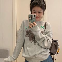韩国正品Mardi卫衣男女同款小雏菊花刺绣腊肠狗印花圆领宽松上衣