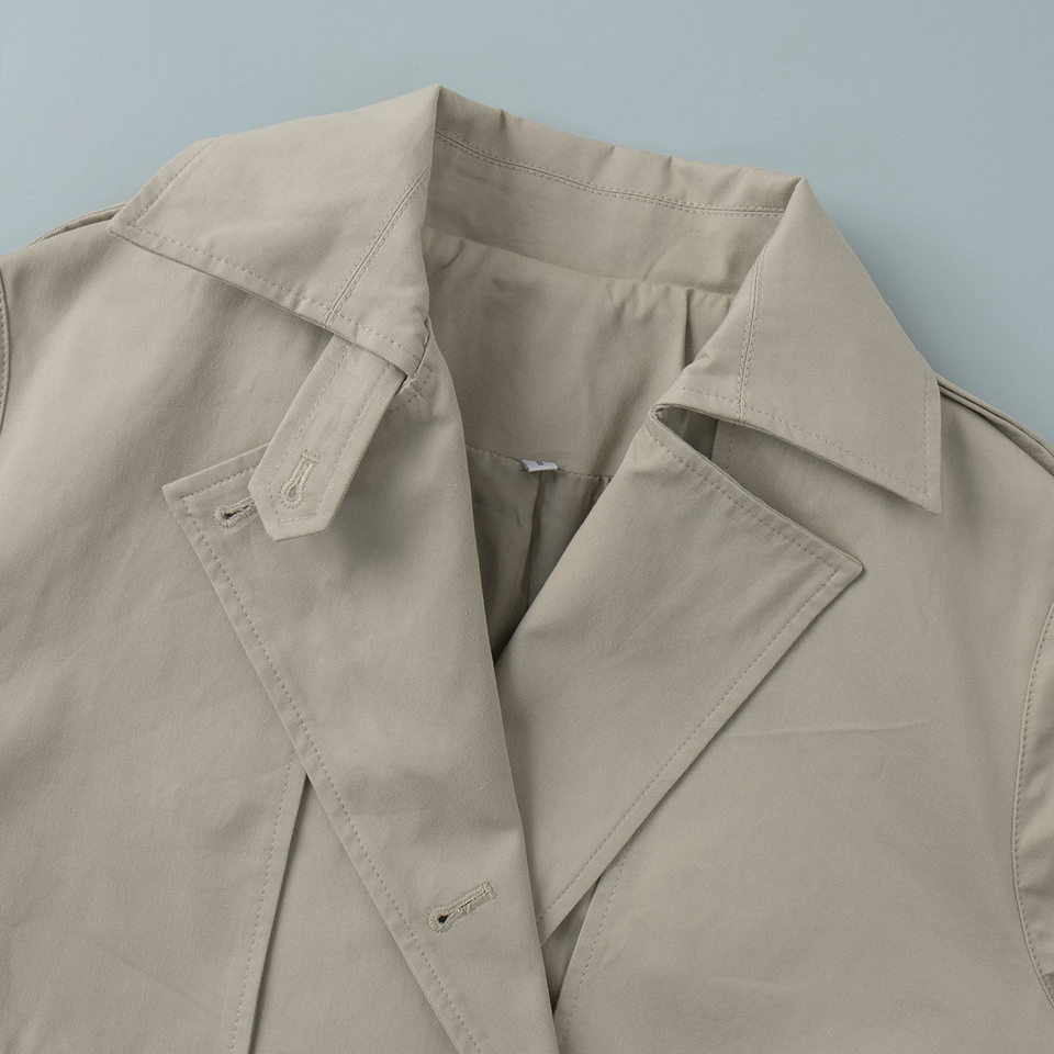 Áo khoác trench coat nữ dáng dài phong cách Âu Mỹ, chất liệu cotton, form rộng có dây thắt eo — Màu kaki, màu xám chi tiết 14