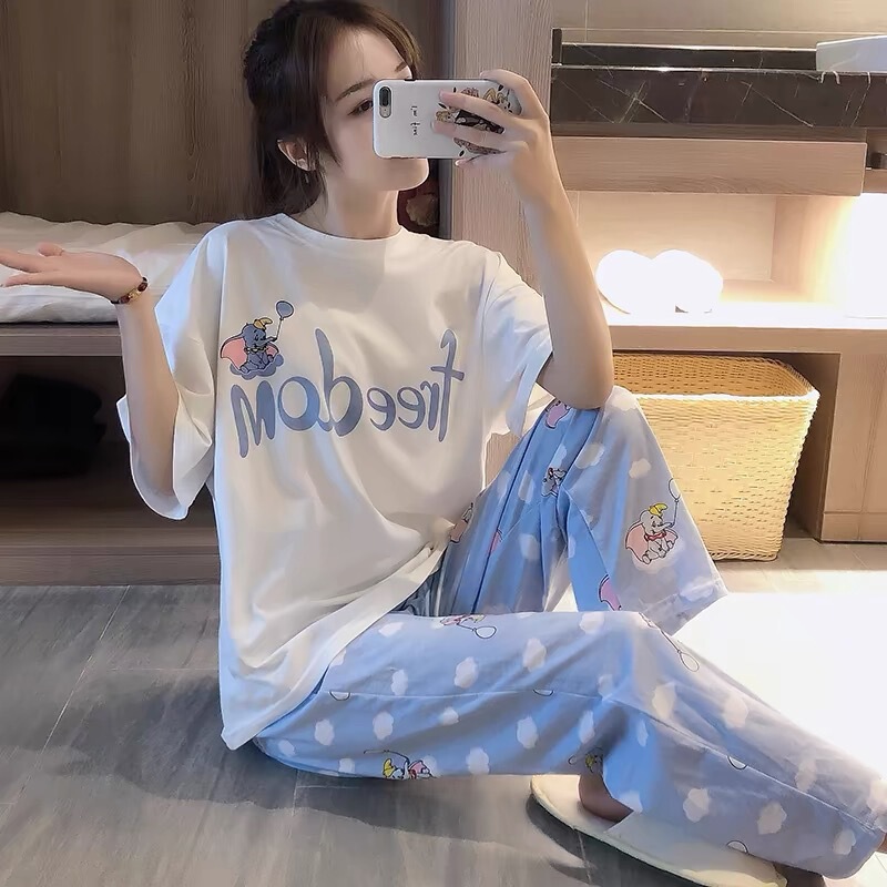 Loose Short-sleeved T-shirt Pajamas Women's Women's Printed T-shirt Ins Hong Kong Style suit Spring and Autumn Pants Home Clothes suit