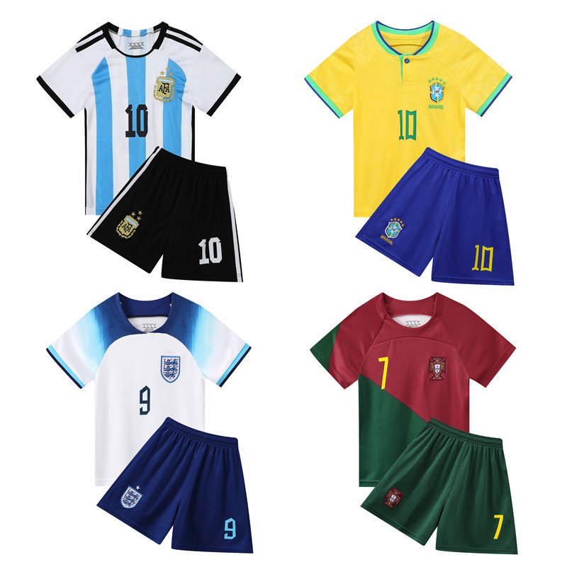 阿根廷儿童足球服套装男童女孩小学生足球训练服梅西C罗球衣黄色